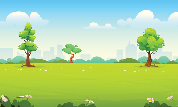 Green city park landscape with trees and sunny skyline view. Vector cartoon illustration