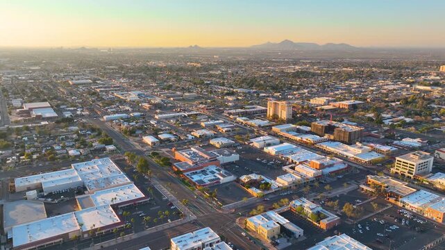 Mesa city center aerial view on Center Street at Main Street at sunset, Mesa, Arizona AZ, USA. 