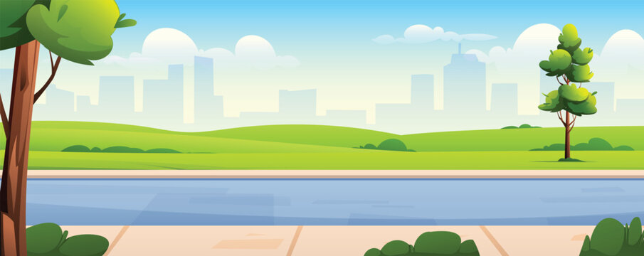 Urban park street scene with road trees and city skyline. Vector cartoon illustration