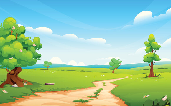 Countryside dirt road winding through green meadow landscape. Vector cartoon illustration