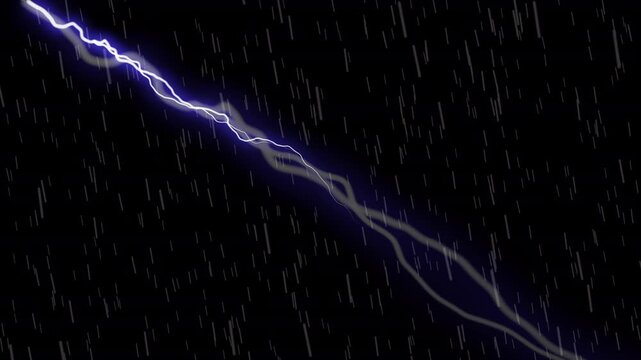 Lightning Strike with Heavy Rain Animation on Black Background .Thunderstorm with Lightning Flash and Heavy Rain Motion Graphic .Rainy Night Sky Animation in Full Hd