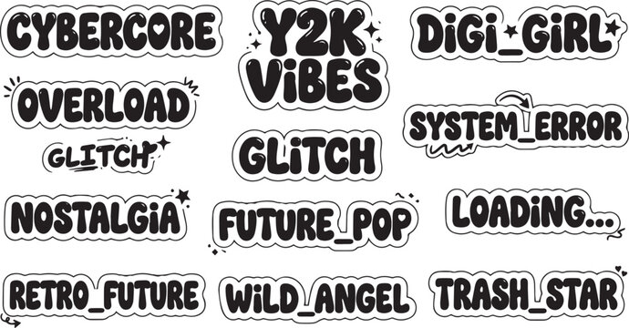 Y2k cybercore aesthetic text stickers and glitch graphics with cybercore