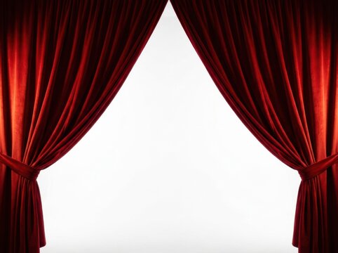 A pair of luxurious red velvet curtains draped open against white background