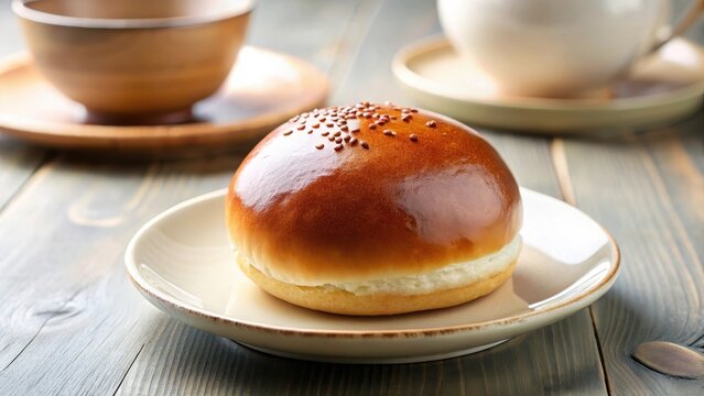 A delicate japanese red bean paste bun sits serenely on a pristine white plate amidst mornings gentle light