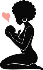 Black silhouette of a mother with an afro hairstyle holding her newborn baby with a pink heart icon