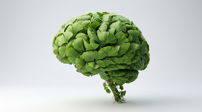 Brain Made of Greens A meticulously crafted brain sculpture formed entirely from vibrant green leaves and stems, symbolizes health nature and intellectual growth