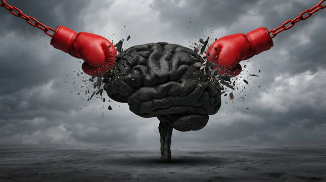 The Unravelling Mind A dark broken brain symbolizes mental breakdown or intense pressure with boxing gloves connected by chains attempting to shatter it further set against a stormy dramatic sky
