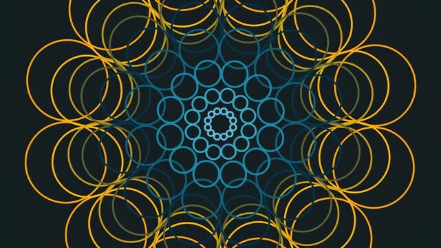 Abstract geometric mandala composed of symmetrical interlocking teal and orange wireframe circles arranged on a dark background backdrop