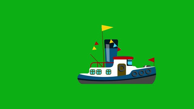 Fishing boat vessel green screen chromakey background 2d animated cartoon animation sea marine transport water travel ship concept icon loops smoothly on chroma key