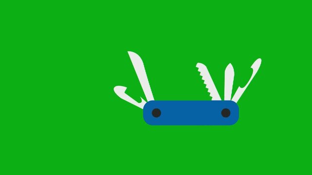 Swissknife tool blade green screen chromakey background 2d animated cartoon animation multiutility pocket equipment survival camping concept icon loops smoothly on chroma key