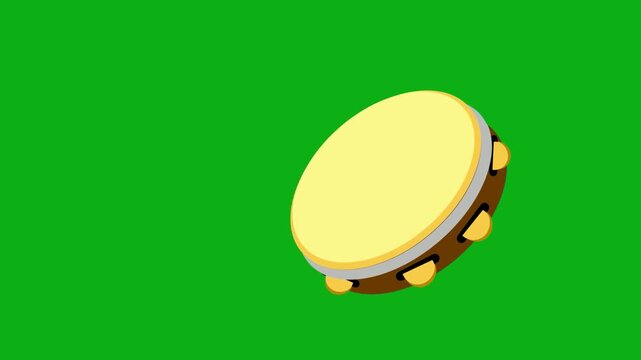 Tambourine music instrument green screen chromakey background 2d animated cartoon animation rhythm percussion sound celebration party concept icon loops smoothly on chroma key