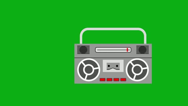 Boombox radio music green screen chromakey background 2d animated cartoon animation sound audio entertainment party portable device concept icon loops smoothly on chroma key