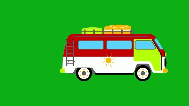Campervan vehicle travel green screen chromakey background 2d animated cartoon animation road trip adventure tourism holiday transport concept icon loops smoothly on chroma key