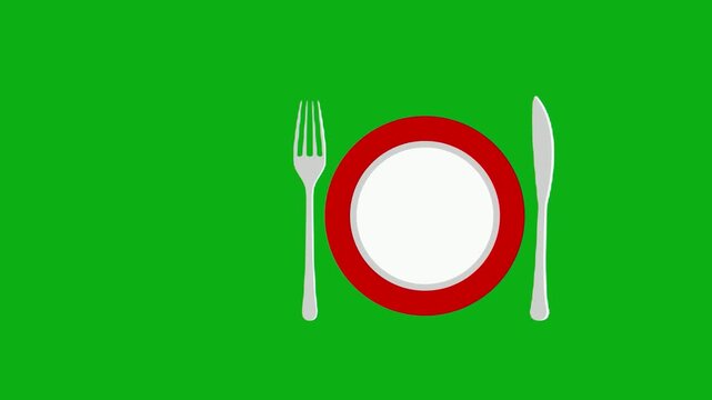 Dinner plate food green screen chromakey background 2d animated cartoon animation meal restaurant kitchen utensil dining concept icon loops smoothly on chroma key