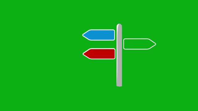 Direction sign arrow green screen chromakey background 2d animated cartoon animation navigation choice path road guide travel concept icon loops smoothly on chroma key