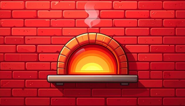Glowing Brick Oven with Smoke Against Red Brick Wall.