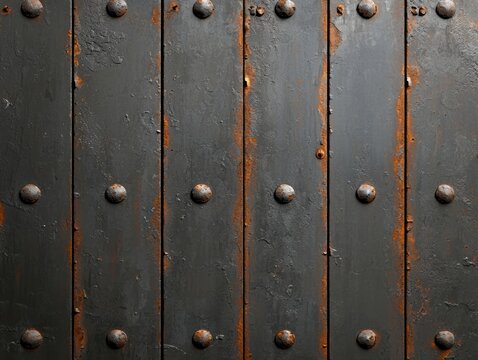 Close-up of a weathered black metal surface with rivets and rust streaks running vertically along the panels.