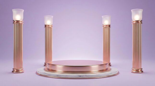 Luxury rose gold podium with four columns on purple background.