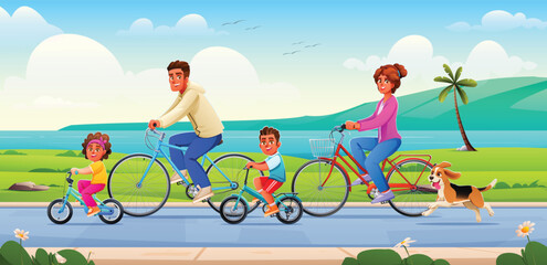 Active family with dog riding bicycles along coastal park road on sunny day outdoors. Vector cartoon illustration