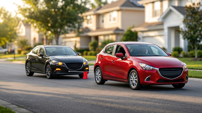 Towing a black sedan with a flexible hitch attached to a red hatchback on a suburban street lined with houses and trees during golden hour