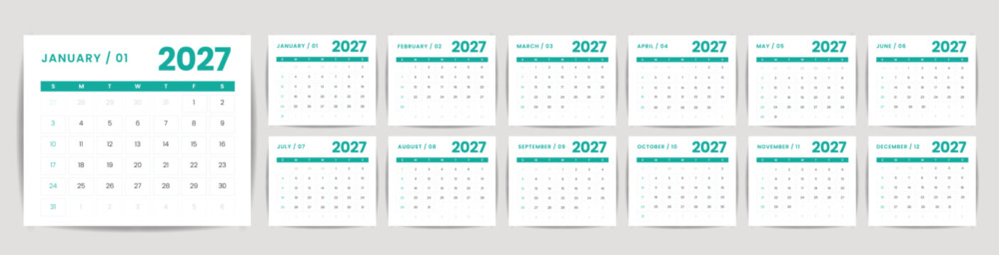 2027 Calendar. 12 Pages for 2027 Monthly Calendar. Clean and Simple Template and one page wall calendar template Design ready to print.