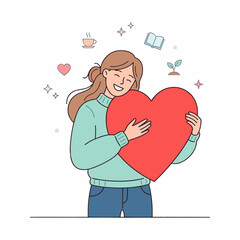 A happy young woman with closed eyes embracing a large red heart, surrounded by symbols of self-care and well-being like coffee, a book, and a plant.