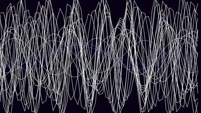 Abstract soundwave frequency pattern with tangled white lines on dark background
