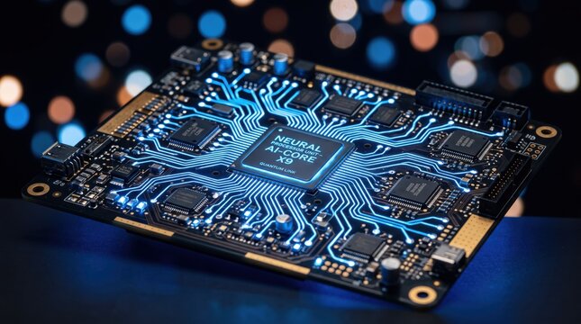 Close up macro shot of advanced neural processor unit circuit board with glowing blue electronic traces and microchips labeled AI Core, representing high tech computing hardware