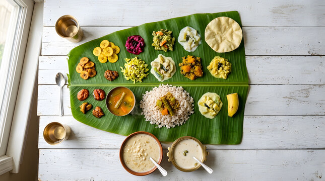 Onam celebration authentic Onam Sadya feast served on banana leaf with traditional Kerala cuisine design