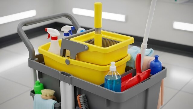 清潔感あふれる空間に明るい光が差し込み、プロフェッショナルな清掃作業を完璧にサポートする多機能カート。鮮やかな黄色いバケツとモップが目を引き、多様な洗剤やブラシが整然と積まれ、常に最高の衛生状態を維持する準備が整っている。. AI Generated