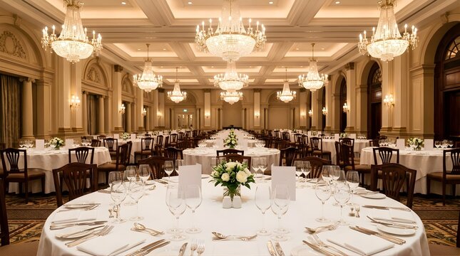 Luxury ballroom interior with round dining tables for a wedding event