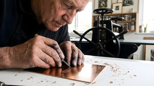 Senior Professional Artist Meticulously Engraving a Copper Plate for Intaglio Printmaking in Studio