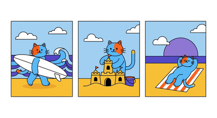 Fototapeta premium Cute Cartoon Cat Beach Vacation Vector Illustration Set