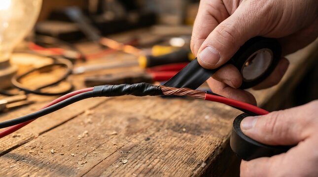 Hands wrapping electrical tape around wire splice on table.