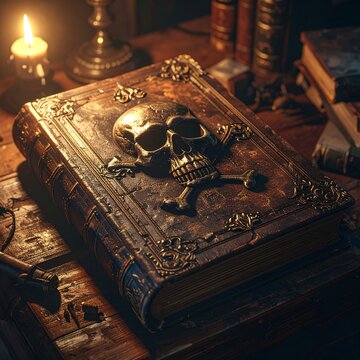 Ancient Grimoire with Skull Emblem on Wooden Table.