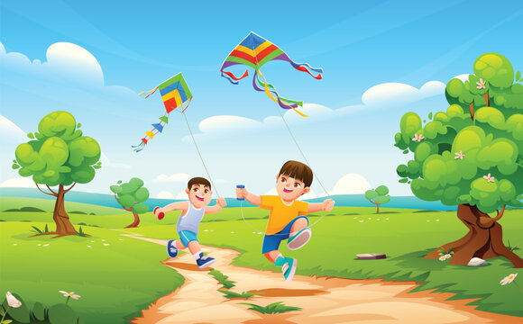 Two cheerful boys running and flying colorful kites on a path in a green park. Vector cartoon illustration