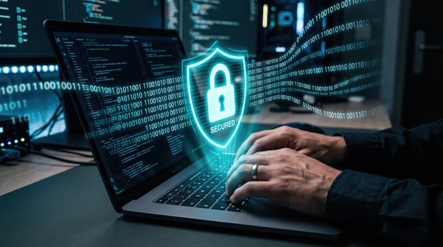 Cybersecurity with hacker typing on laptop displaying binary code and secured shield icon, data protection and privacy safety theme representing encryption, firewall and internet