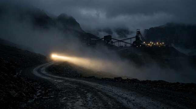 Heavy mining machinery operating at night in a misty open pit mine.
