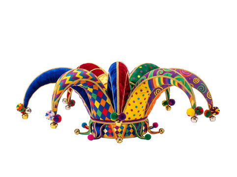 Vibrant multicolored jester hat featuring soft velvet fabric textures with jingling golden bells attached to long curved points and detailed decorative trim patterns isolated as a festive performance 
