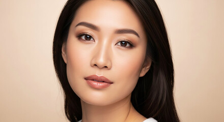 Fototapeta premium Beautiful Young Asian Woman with Radiant Skin and Natural Cosmetics