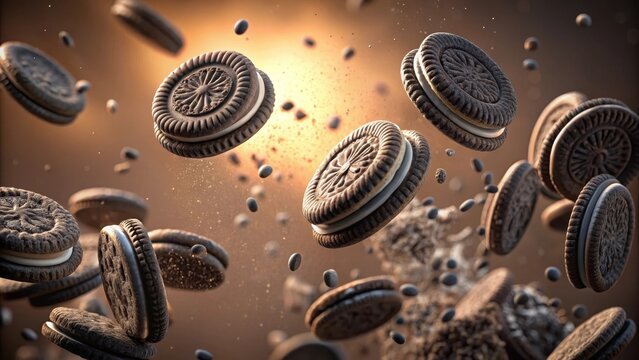 Flying oreo cookies with crumb trails suspended in midair amidst empty copy space