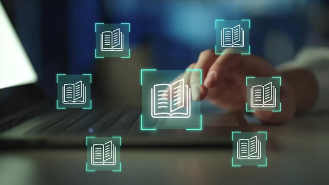 E-library, many e-book icons, electronic books online, knowledge base on internet, digital library or e-library
