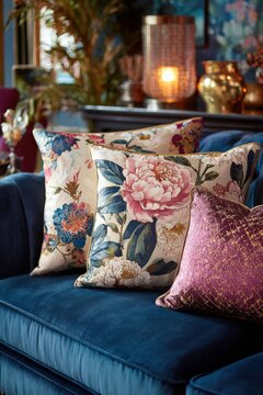 Pillows with floral designs on a couch create a stylish and welcoming room decor without any fuss or complexity