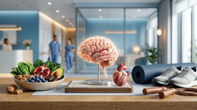 Health awareness display featuring brain and heart models with nutritious food and exercise equipment