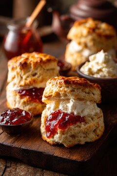 Closeup of a scone being broken open to show jam and cream on a wooden board at a cozy kitchen setting
