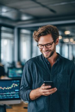 Young entrepreneur checks updates on smartphone while working in a modern office during a busy weekday afternoon