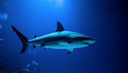 Naklejka premium Majestic Shark Gliding Through Deep Blue Ocean Waters.