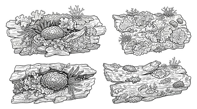 Hand Drawn Tree Bark with Moss and Lichen Collection, Black and White Botanical Vector Illustration, Detailed Woodland Nature Elements, Vintage Engraving Style, Isolated SVG Clipart