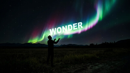 Fototapeta premium Silhouette of a man reaching for the word wonder under bright northern lights.