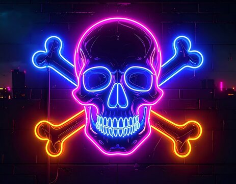 Neon Skull and Crossbones Sign Glowing at Night.